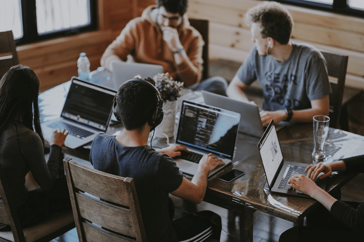 Tech engineers collaborating in modern office in USA
